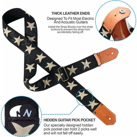 Woven Guitar Strap Cotton Adjustable Leather Ends Pick Pocket Star Pattern - Picture 5 of 7